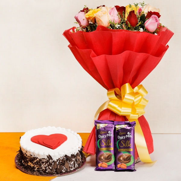 Mix Roses Bunch & Cake With Cadbury Silk